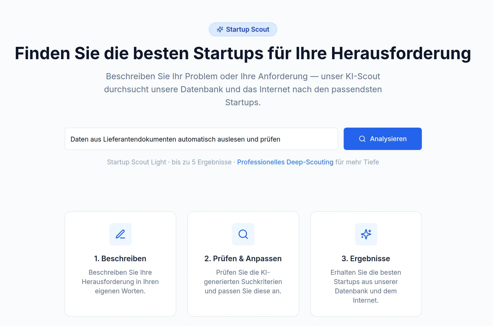 Startup Scout: Suchfeld mit der Beschreibung „Daten aus Lieferantendokumenten automatisch auslesen und prüfen“, darunter die drei Schritte Beschreiben, Prüfen und Anpassen, Ergebnisse
