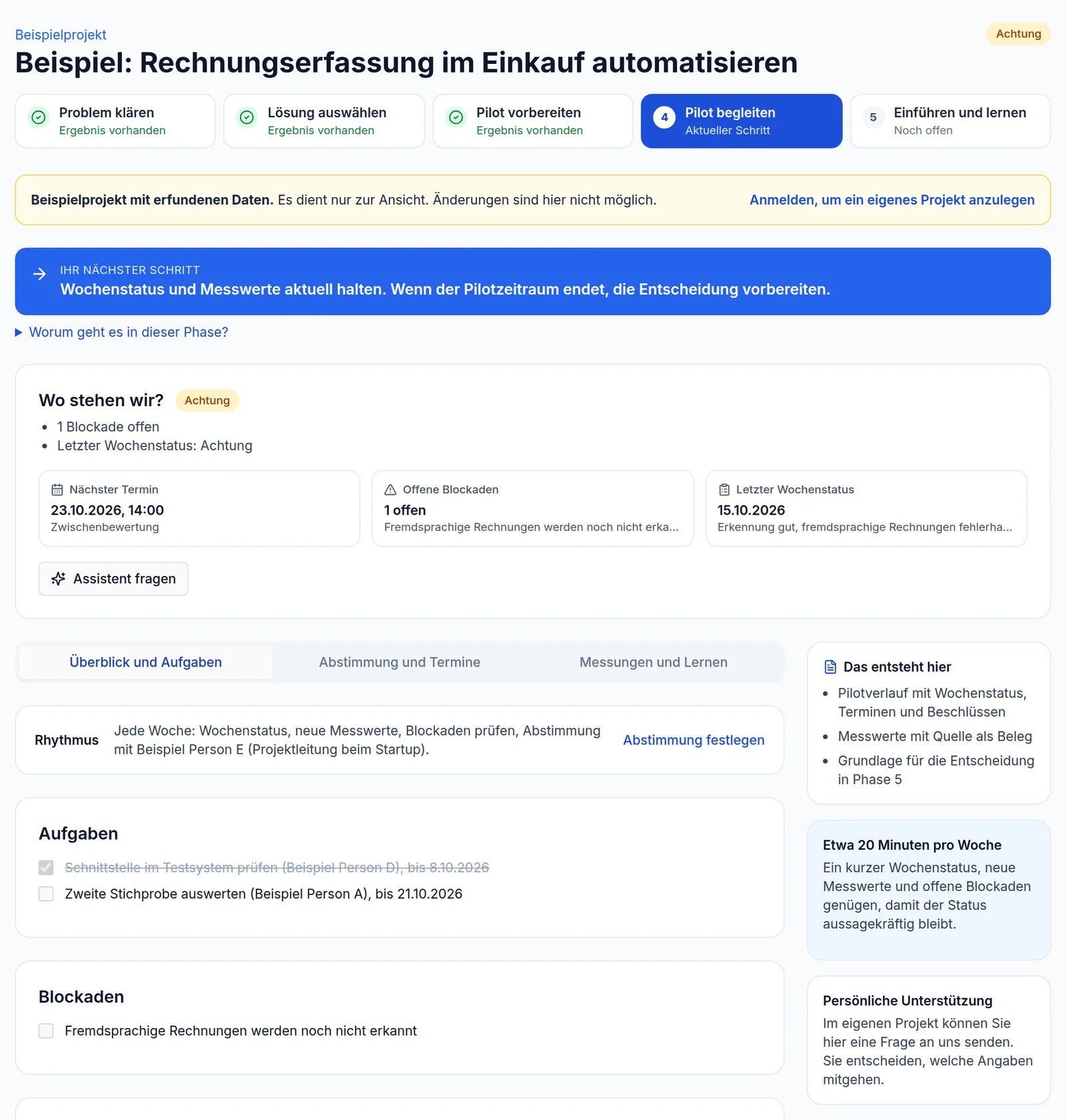 Pilot Companion, Phase „Pilot begleiten“ im Beispielprojekt: Übersicht „Wo stehen wir?“ mit nächstem Termin, offener Blockade und letztem Wochenstatus